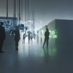 People standing against suspended computers. This is entirely 3D generated image.